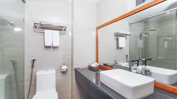 Shower, hydromassage showerhead, designer toiletries, hair dryer