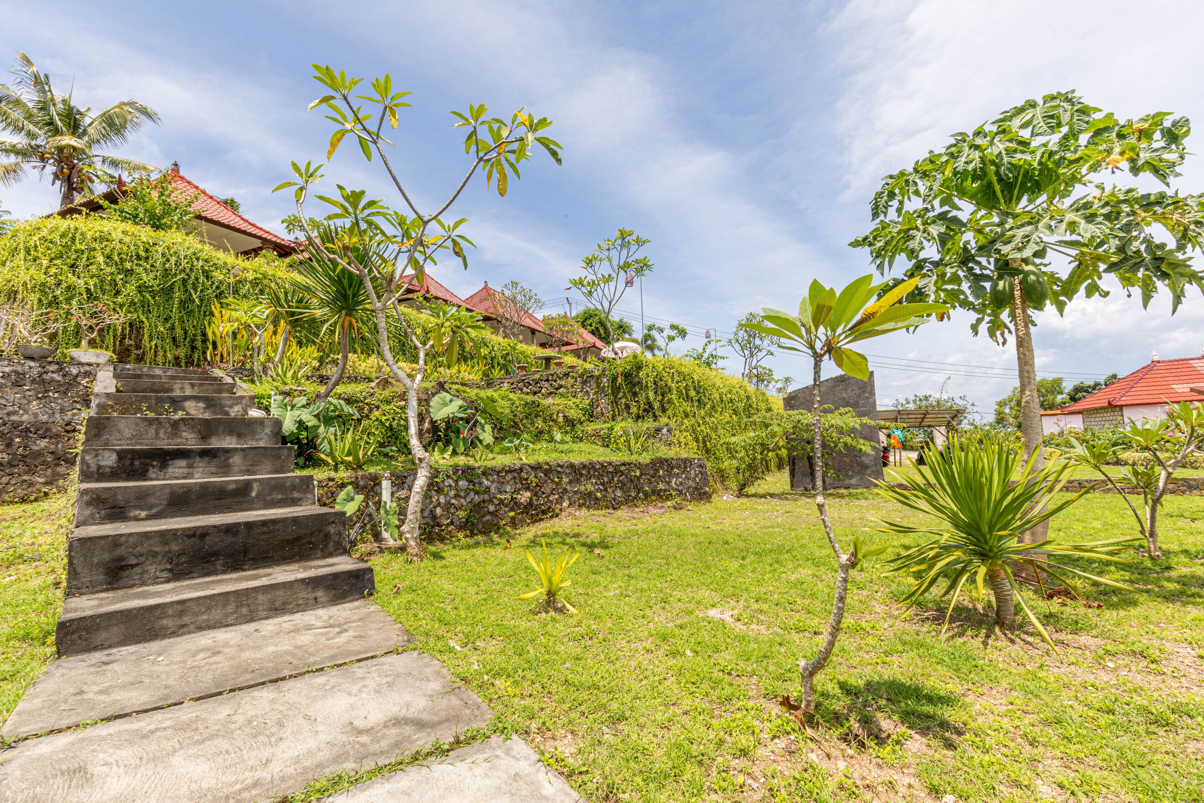 A garden with a concrete staircase leading to a house with a red roof.