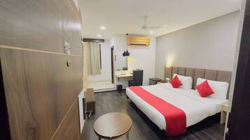 1 bedroom, desk, laptop workspace, blackout curtains