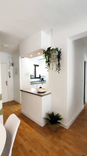 Una cocina moderna con armarios blancos, una encimera y una planta colgante.