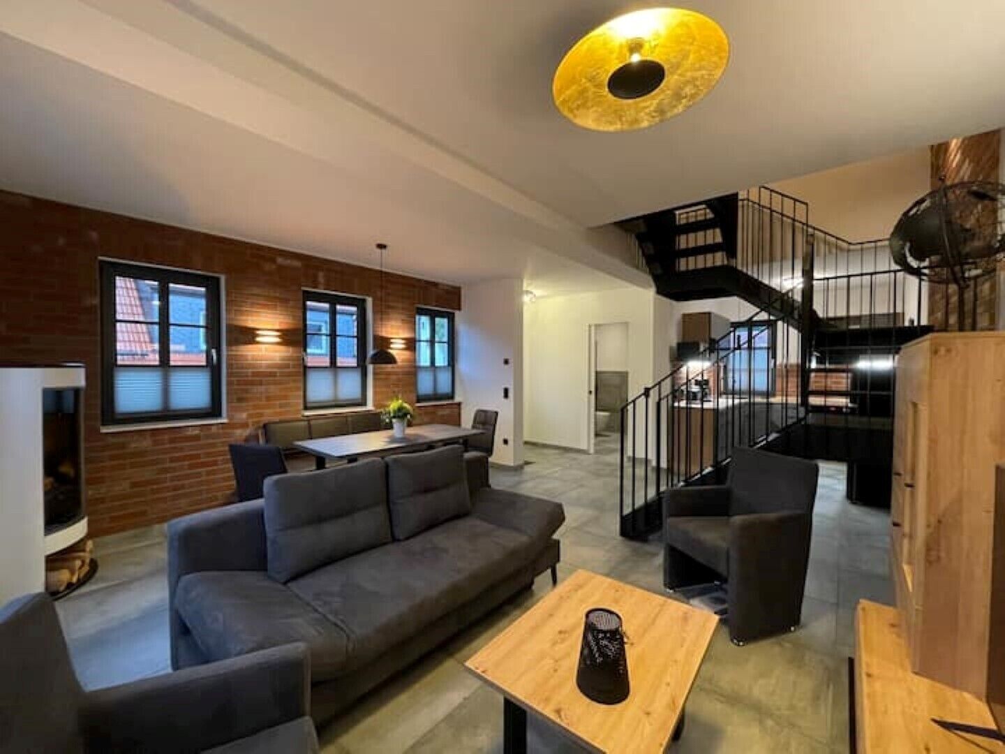 TV, fireplace, books