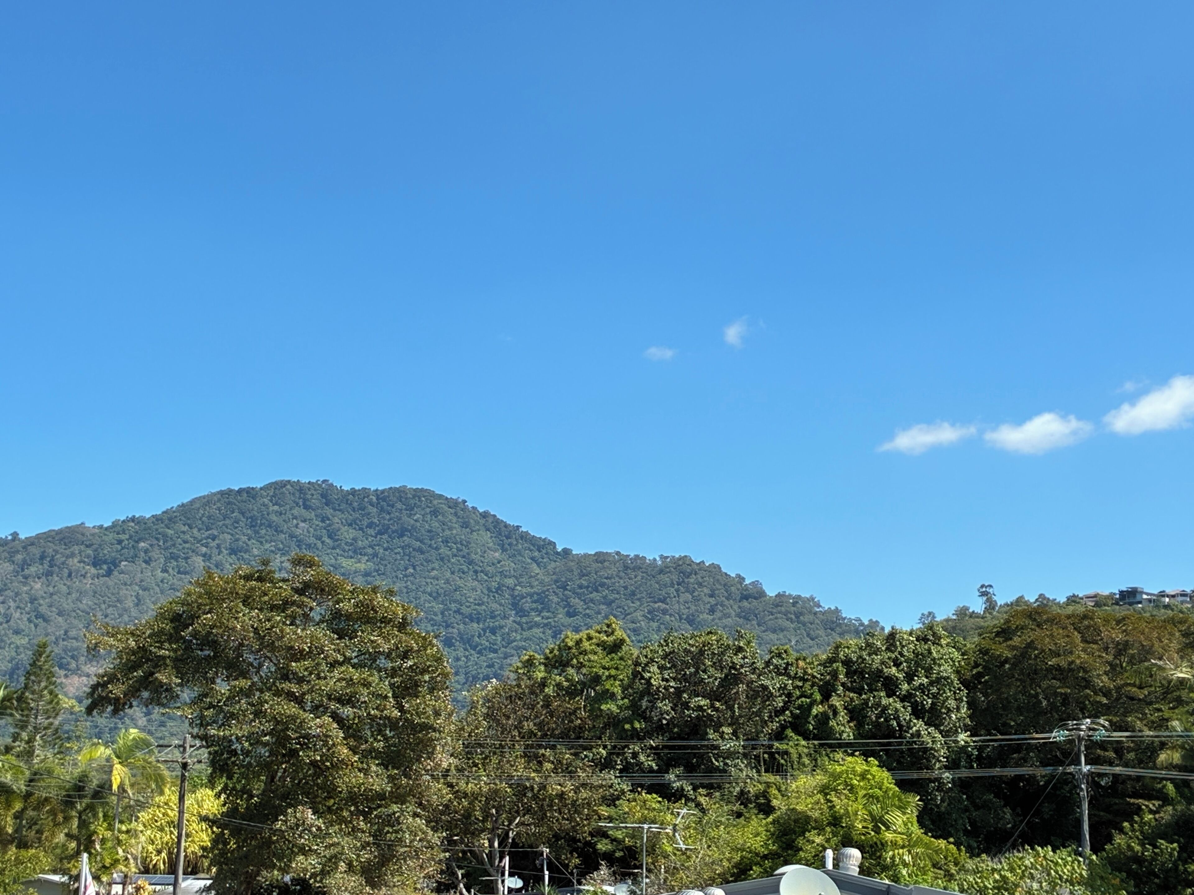 A mountain with dense forest under a clear blue sky.