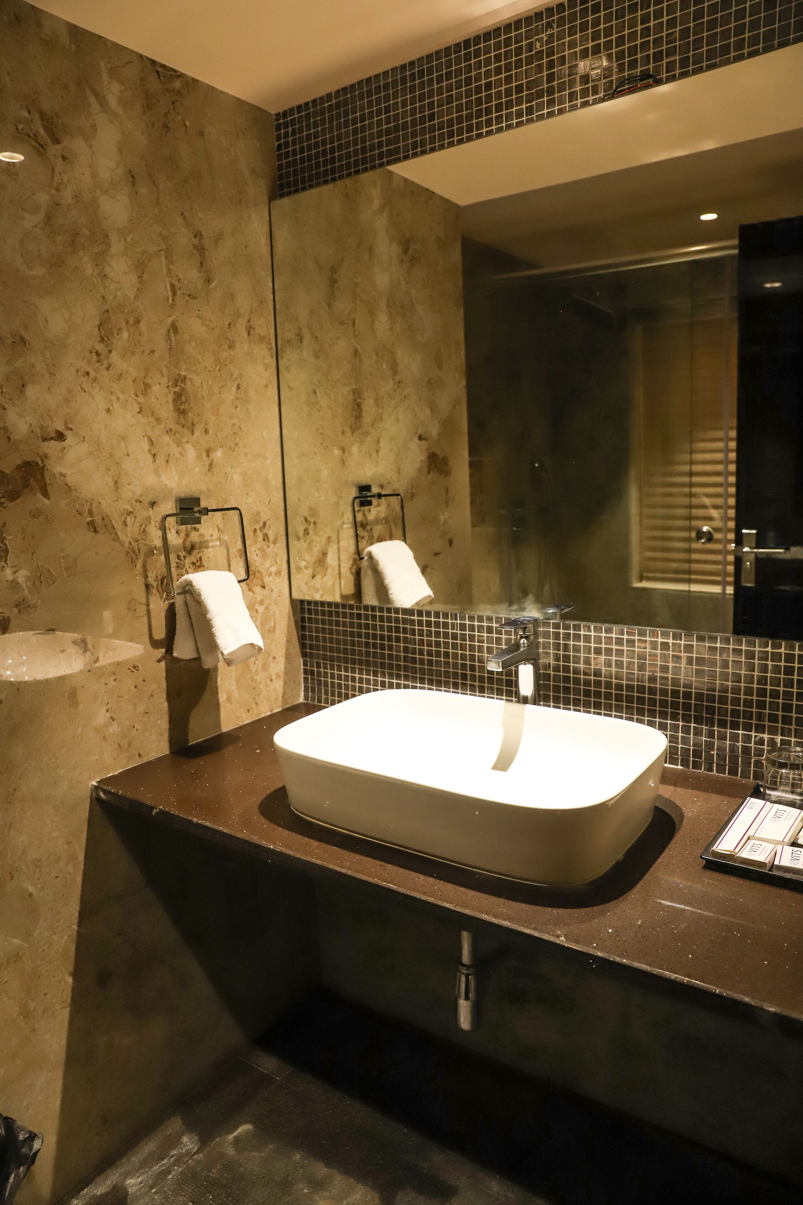 A modern bathroom with a large rectangular sink, a glass-enclosed shower, and a mirror above the sink.