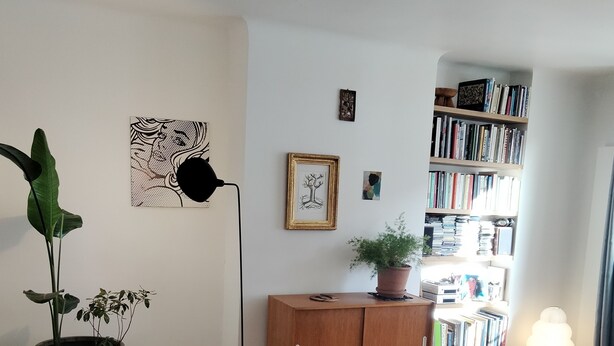 Een woonkamer met een rieten stoel, een glazen salontafel, een boekenkast en een potplant.