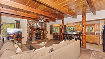 TV, fireplace, foosball