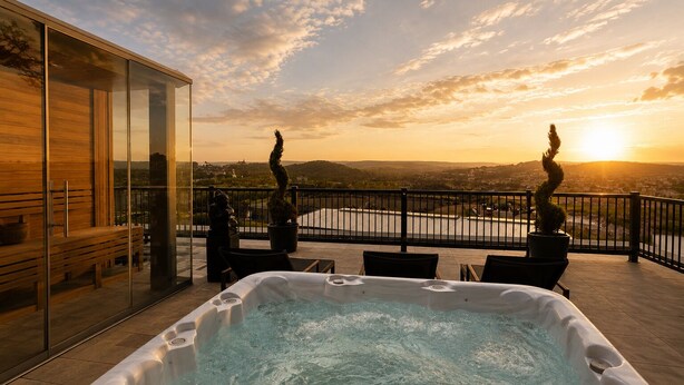 A hot tub on a balcony with a view of the sunset and distant landscape. - Luma Hotel Spa&Fitness (Fulda)