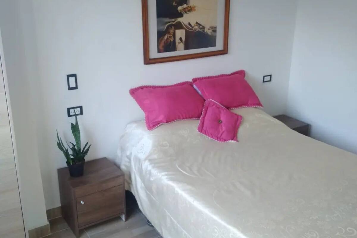 A neatly arranged bedroom with a bed, a bedside table with a potted plant, and a framed picture on the wall.