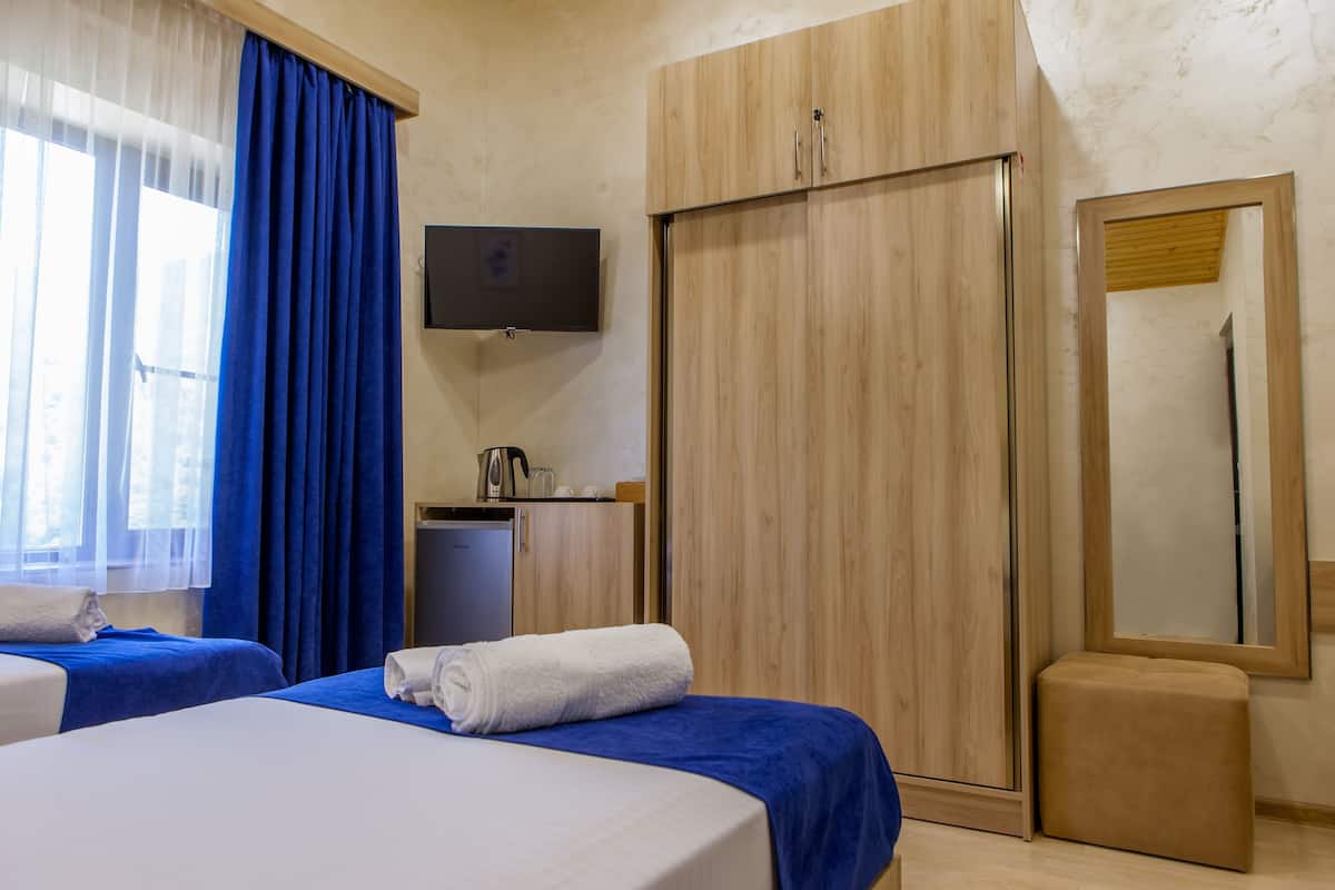 A hotel room with two beds, a TV, a wardrobe, a mirror, and a small kitchenette.