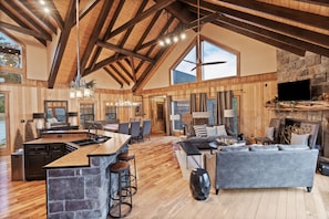 TV, fireplace, video games - Indigo Falls ~ 8BR w/Golf Simulator, Indoor Cave Pool, Hot Tub, Game Room, Theater, & Views! (Sevierville)