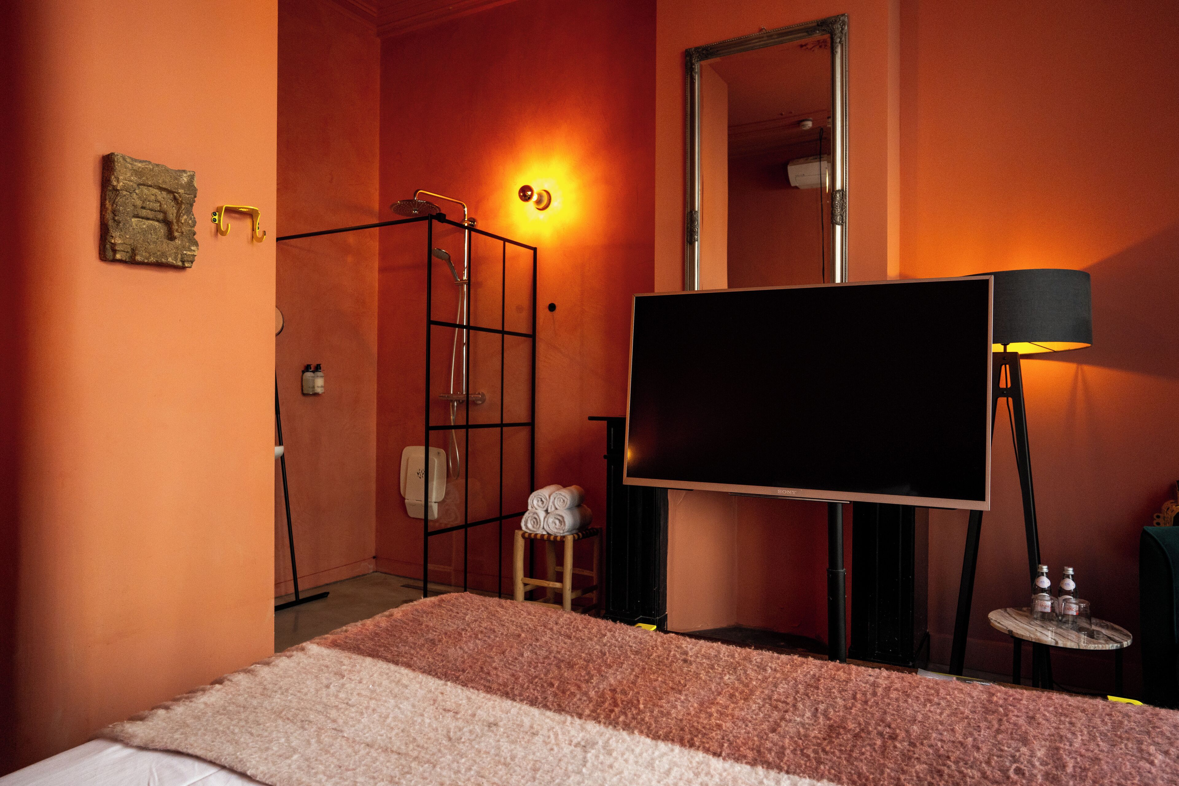 A hotel room with a bed, a TV, a shower, and a mirror.
