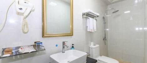 A bathroom with a white sink, a toilet, a shower, a gold-framed mirror, and a hairdryer on the wall.