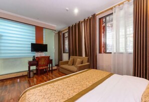 Habitación de hotel con cama, televisor, escritorio y silla.