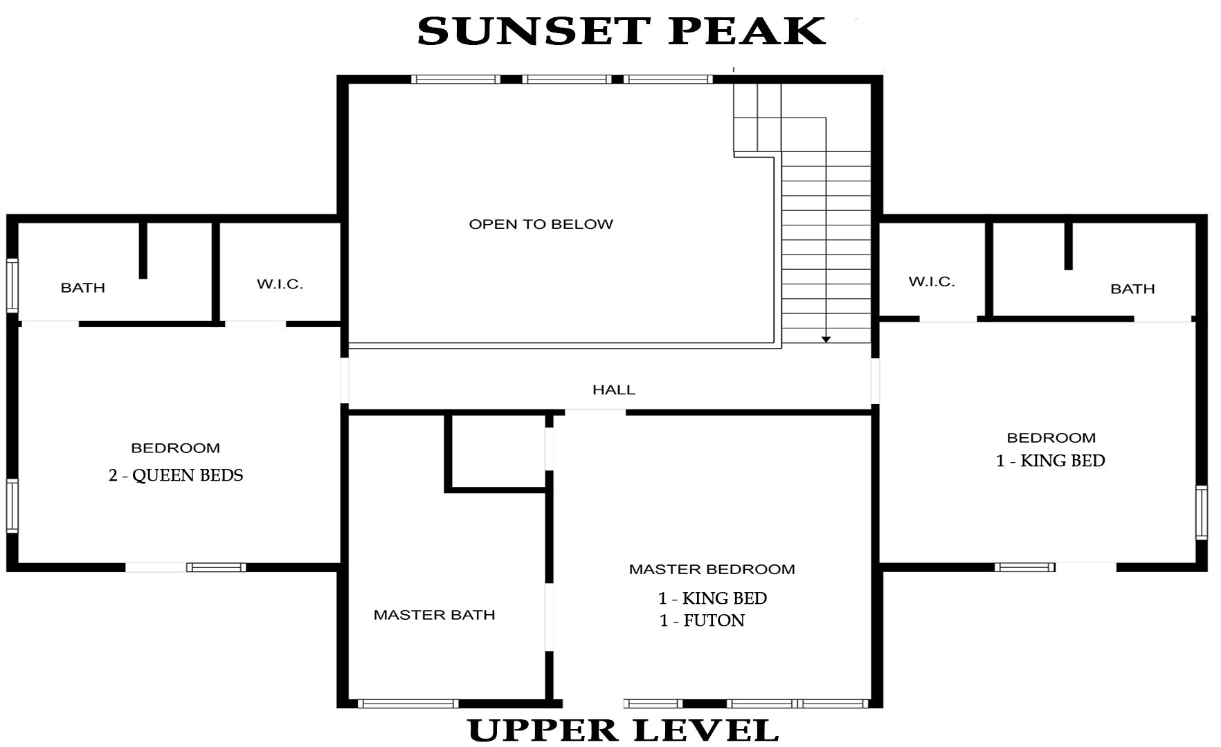 Tässä on hotelli Sunset Peakin pohjapiirros, ja siinä on kaksi kerrosta. Ylemmässä kerroksessa on aula, päämakuuhuone, jossa on suuri sänky ja futon, pääkylpyhuone sekä kaksi makuuhuonetta, joissa on kummassakin queen-size-sänky. Alempi kerros sisältää kylpyhuoneen, vaatehuoneen ja kaksi makuuhuonetta, joissa on kummassakin suuri sänky.
