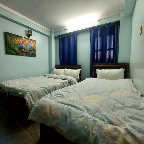 Una habitación con dos camas individuales, un cuadro en la pared y cortinas azules.