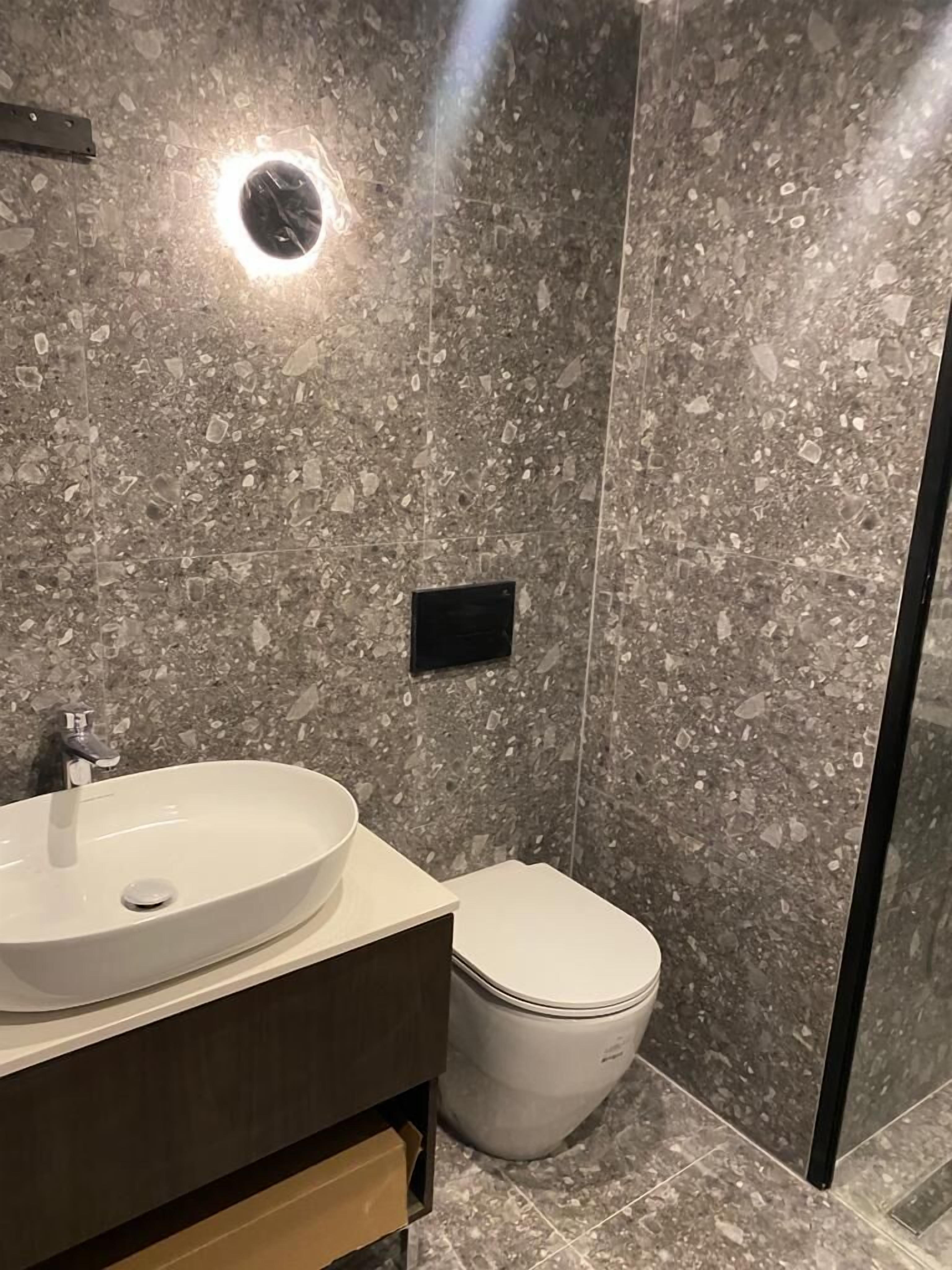Een moderne badkamer met een groot wastafel, toilet en een douchecabine van glas.