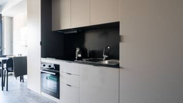 Une cuisine moderne équipée d’un four encastré, d’un évier et d’une cuisinière.