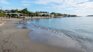 Ein Strand mit sandigem Ufer, ruhigem Meer und Gebäuden im Hintergrund.