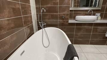 Hair dryer, towels, soap, shampoo