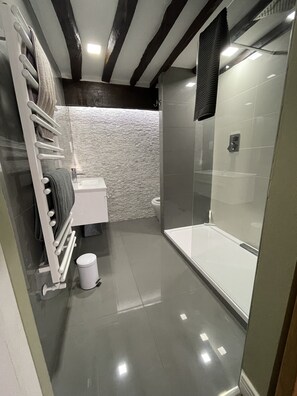 Hair dryer, towels, soap, shampoo