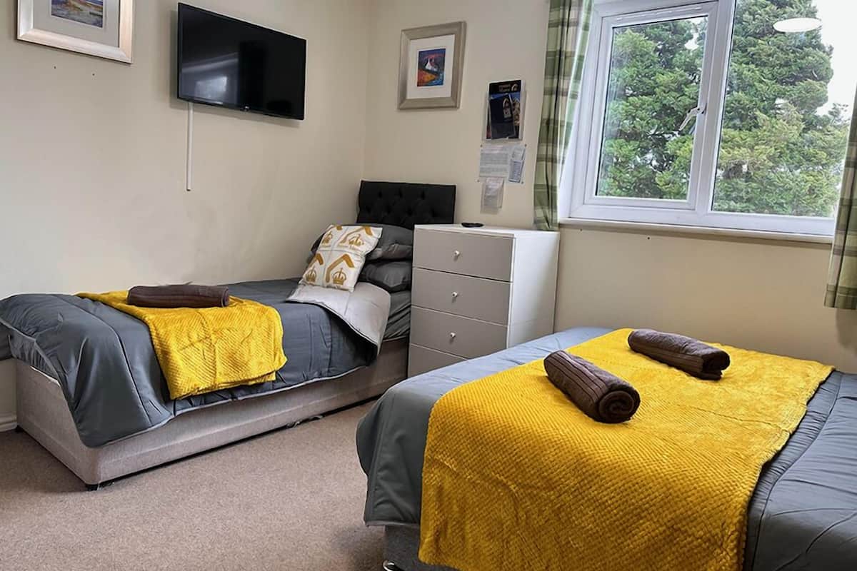 A bedroom with two beds, a TV, and a window with a view of trees.