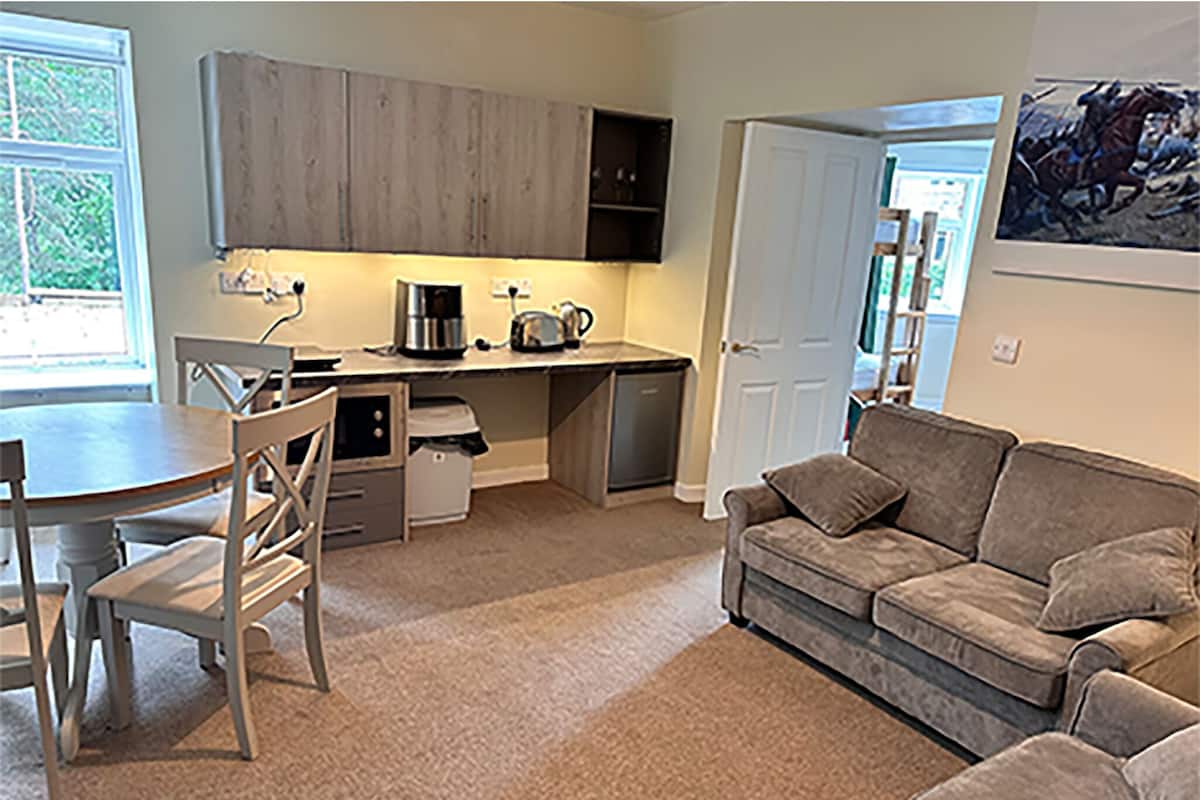 A compact living space with a kitchenette, a dining area, and a seating area.