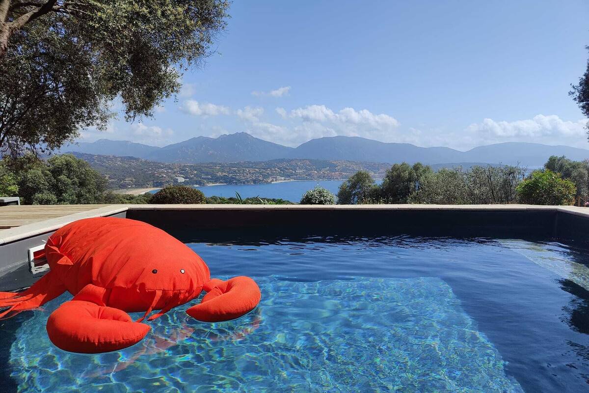A swimming pool with clear blue water, surrounded by trees and mountains in the background.