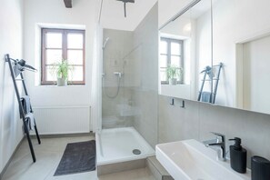 Enjoy a refreshing shower in the sleek bathroom with a glass-enclosed shower, sink, and mirror.