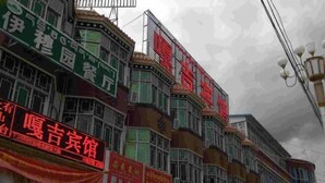 A row of multi-story buildings with various signs and banners. - Gaji Hotel (Gyantse)