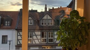 Una ventana con vistas a casas tradicionales europeas y una planta en maceta en el alféizar.