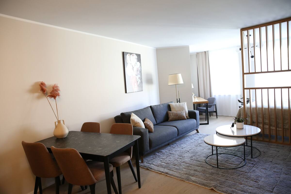 Un salon moderne comprenant un canapé, une table à manger, des chaises et une petite table d’appoint.