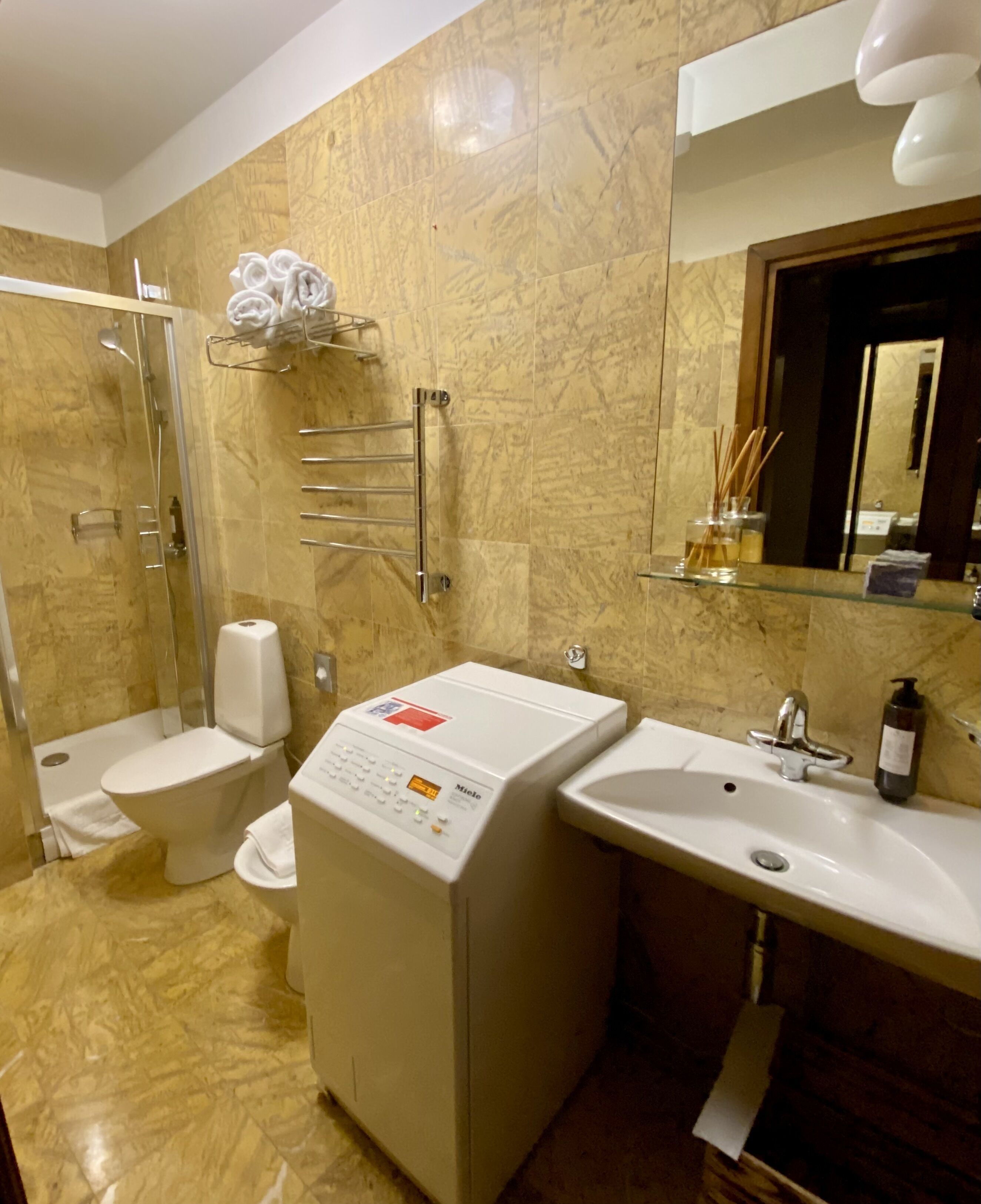 Hair dryer, bidet, towels, soap