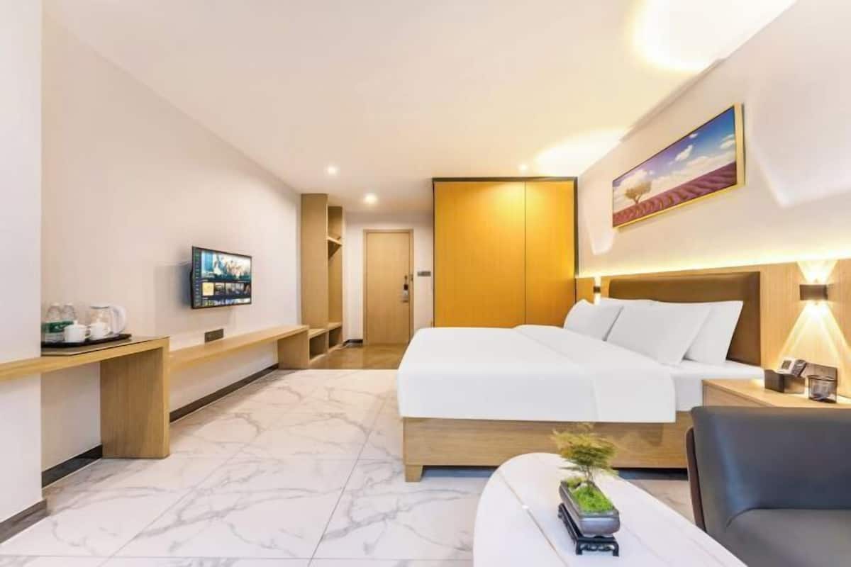 A hotel room with a bed, a TV, a desk with a lamp, and a small plant.