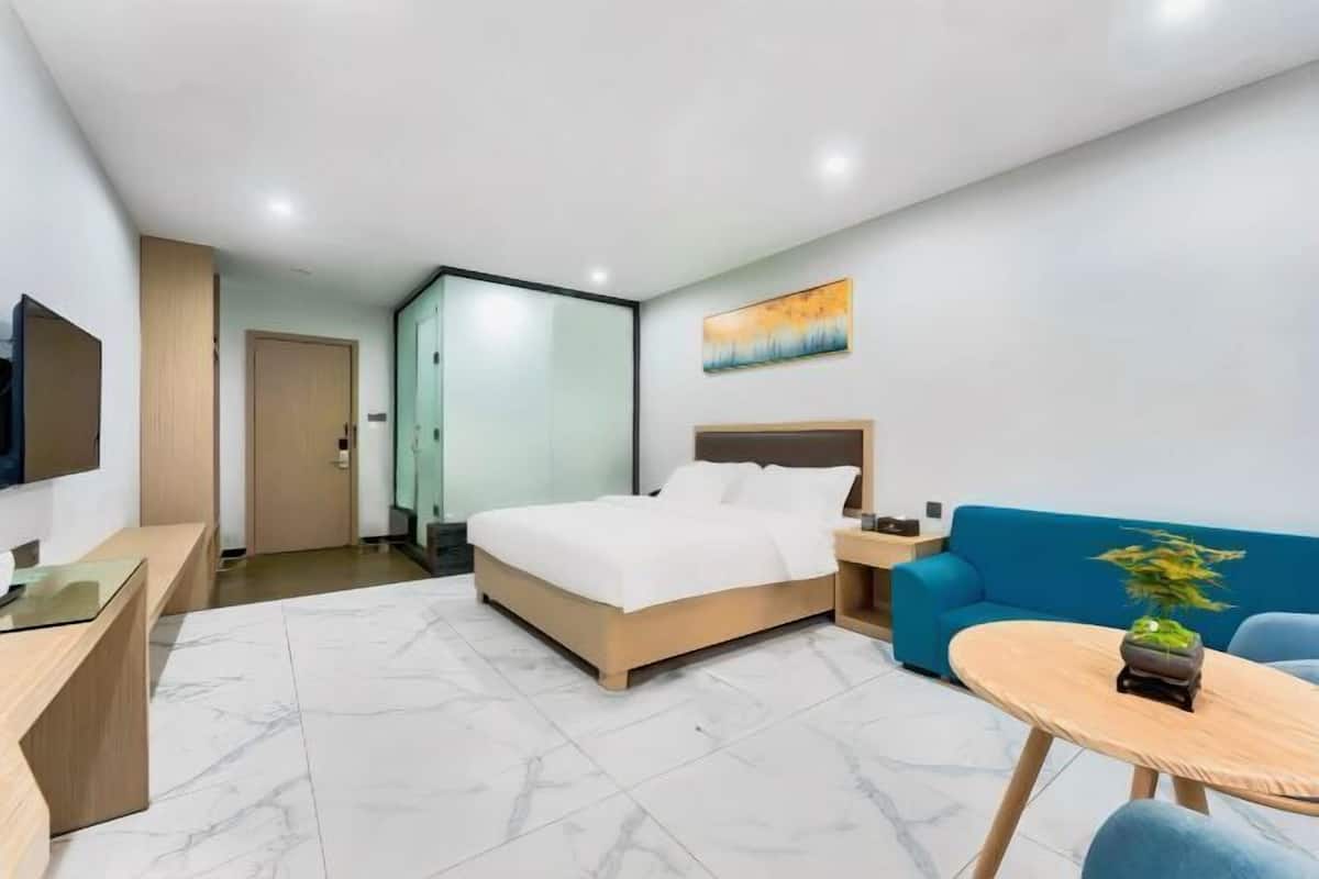 A modern hotel room with a bed, a TV, a desk, a blue sofa, and a small table with a plant.