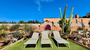 Um terraço com jardim, três cadeiras de descanso, cactos e diversos vasos de plantas.