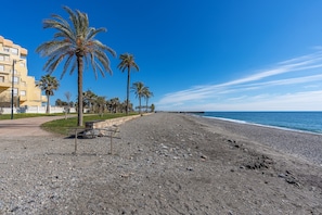 A pebbled beach with palm trees and a building in the background.