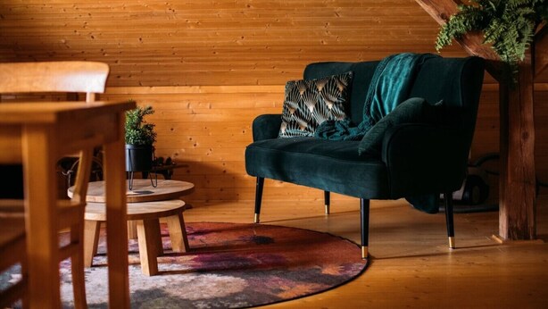 Une pièce chaleureuse avec un plafond en bois, un canapé vert foncé orné de coussins à motifs, une petite table en bois et un tapis rond.