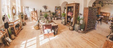 Una habitación amplia con suelos de madera, ventanas grandes, plantas y muebles varios.