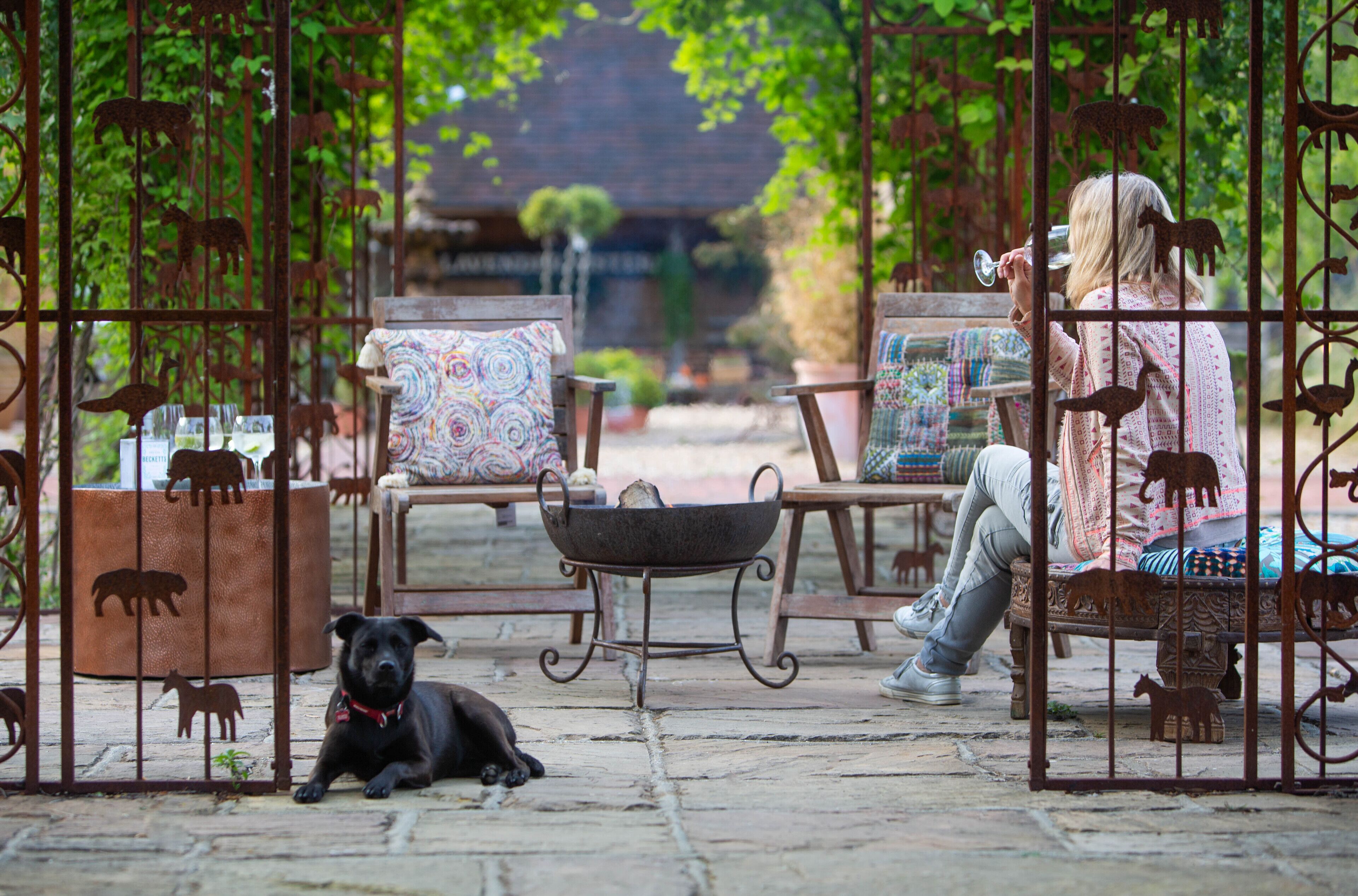 A courtyard with a dog lying on the ground, a woman sitting on a bench, and a metal gate with animal silhouettes.