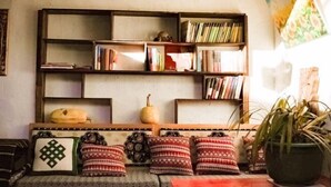 A cozy room with a bookshelf filled with books, a wooden bench with patterned cushions, and a potted plant. - Prayer Wheel Sightseeing Inn (Shangri-La)