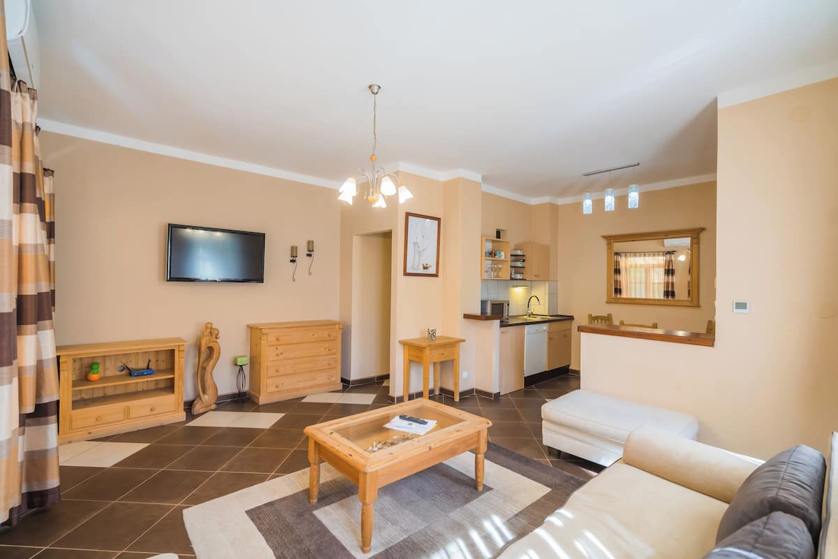 A living room with a sofa, coffee table, TV, and kitchen area.