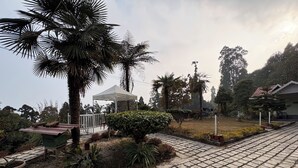 Un jardín con un pabellón, palmeras y un camino pavimentado.