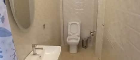 A bathroom with a sink, toilet, and shower area.