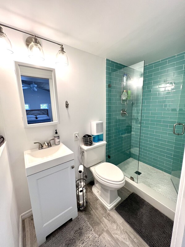 Shower, hair dryer, towels, soap