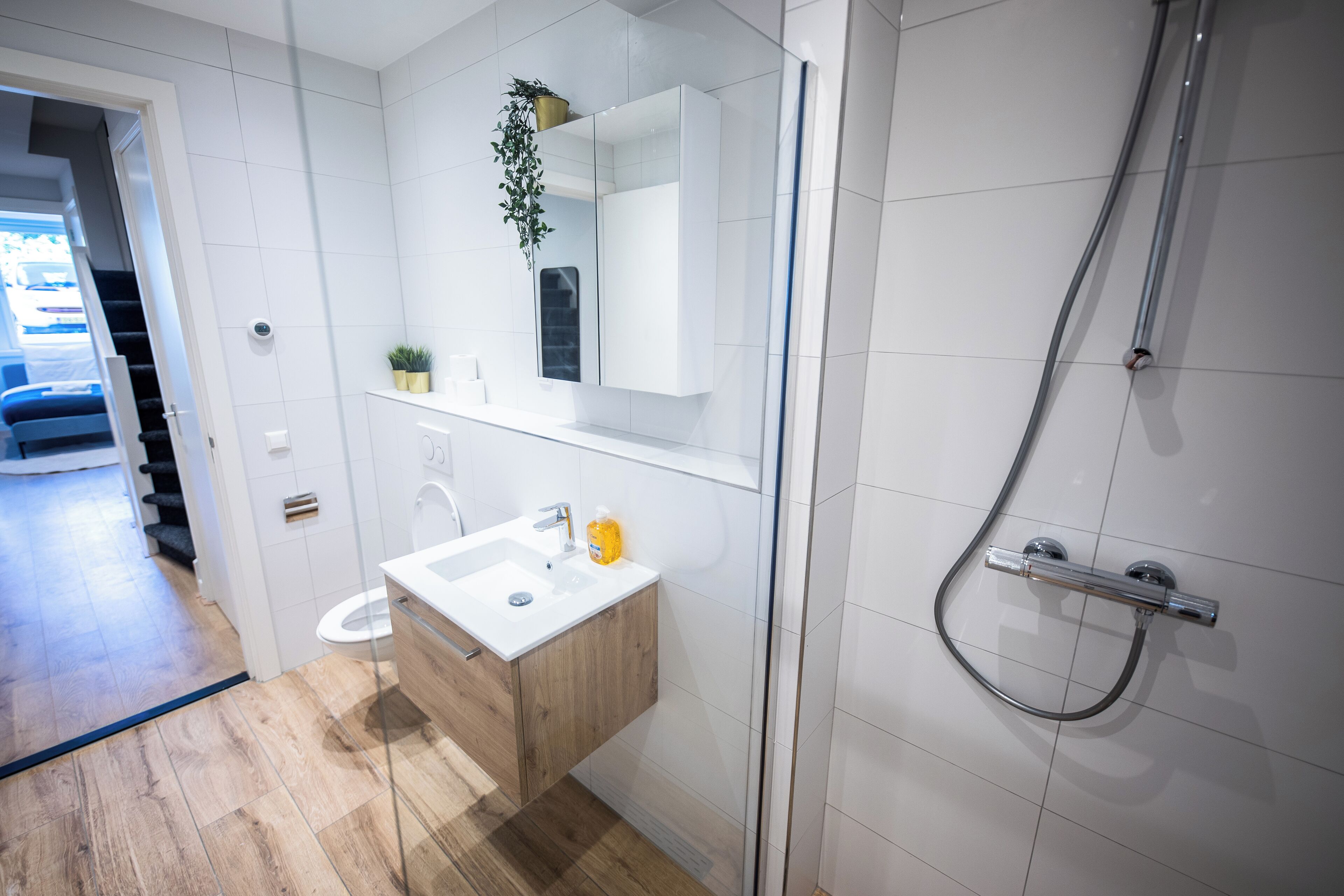 Kamer | Badkamer | Een douche, een haardroger, handdoeken, shampoo