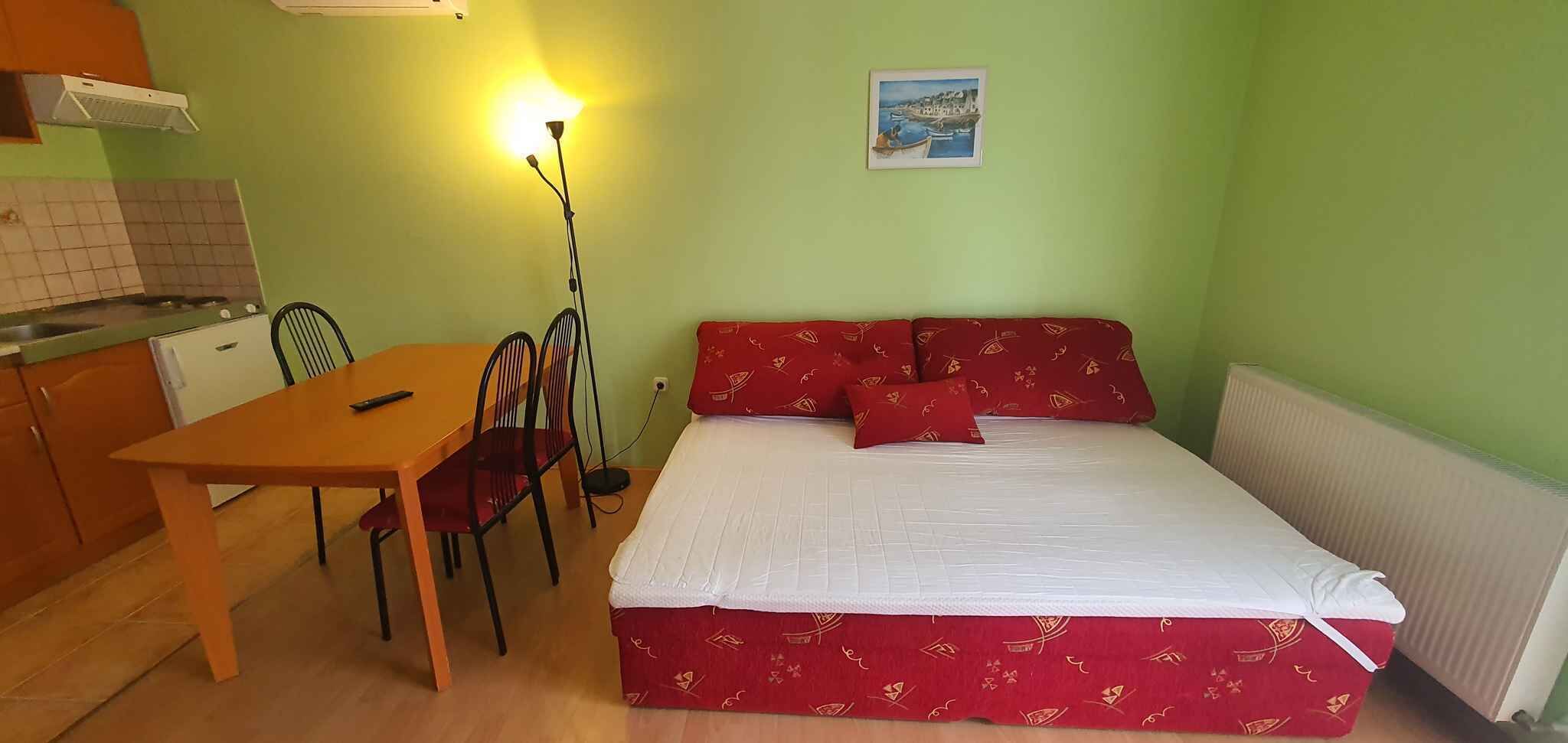 Habitació amb llit, taula, cadires, làmpada, quadre a la paret i zona de cuina.