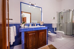 Ein Badezimmer mit blauen Fliesen, einem großen Spiegel, einer Duschkabine und einer Toilette.