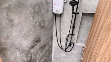 Hair dryer, towels, soap, shampoo