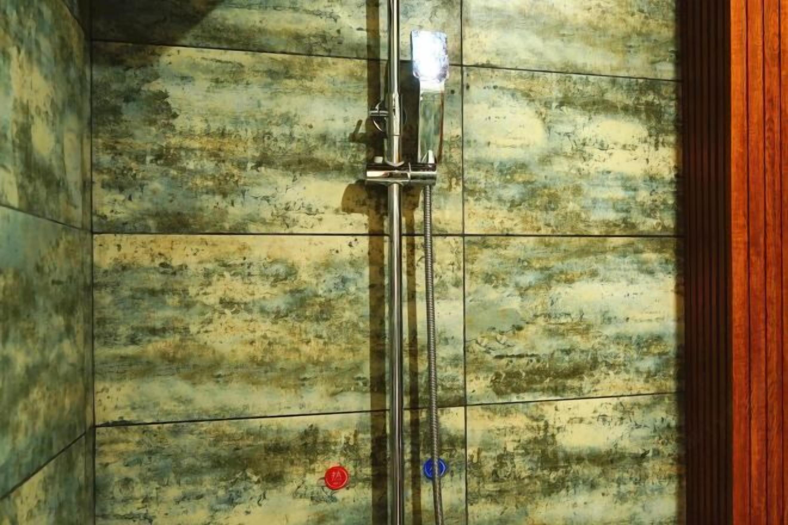 Chuveiro com acessório cromado e painel de controle com botões vermelhos e azuis.