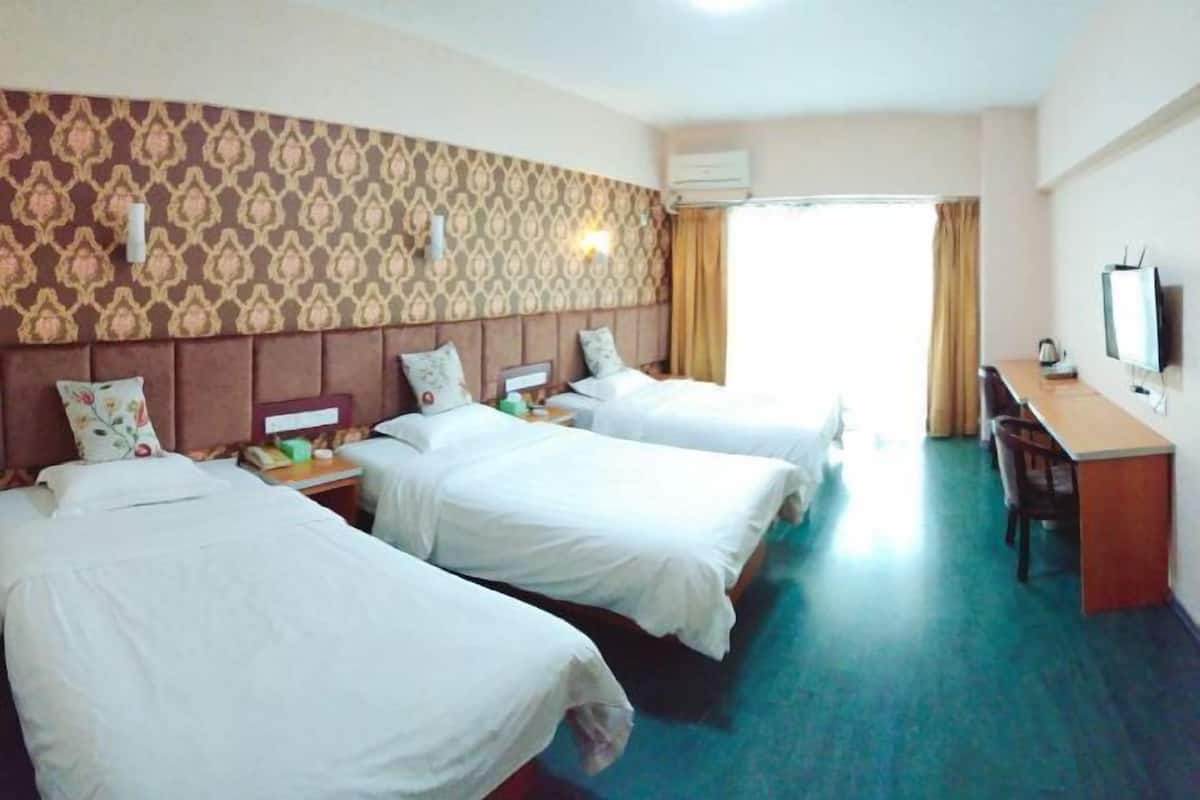Three single beds with headboards and pillows, a flat-screen TV, and a desk with chair.