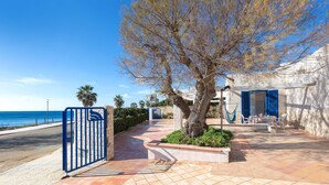 Un sendero pavimentado que lleva a un edificio con puerta azul, una palmera y vistas al mar.
